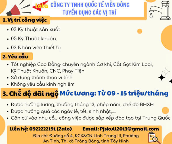 CÔNG TY TNHH QUỐC TẾ VIỄN ĐÔNG TUYỂN DỤNG CÁC VỊ TRÍ